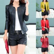 Fashion Solid Color Long Sleeve Stand Collar Slim Fit PU Leather Jacket