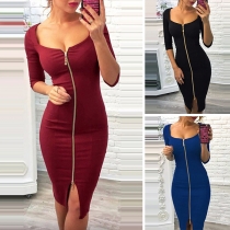 Elegant Solid Color 3/4 Sleeve Square Collar Zipper Tight Dress