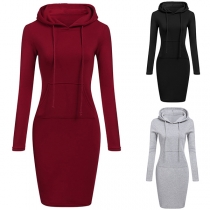 Fashion Solid Color Long Sleeve Slim Fit Hooded Sweatshirt Dress