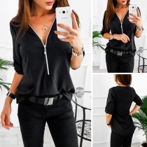 Fashion Solid Color Long Sleeve Zipper V-neck Top