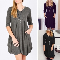 Fashion Solid Color 3/4 Sleeve V-neck Dress