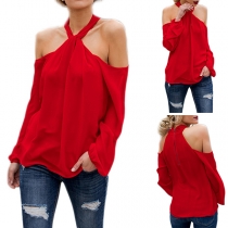 Sexy Off-shoulder Puff Sleeve Solid Color Halter Chiffon Blouse