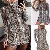 Fashion Long Sleeve High Neck Printed Tight Dress