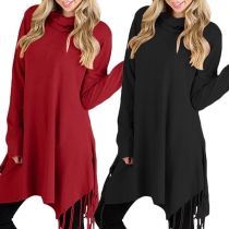 Fashion Solid Color Long Sleeve Heaps Collar Irregular Tassel Hem Top