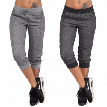 Fashion Elastic Waist Contrast Color Side Pockets Casual Cropped Trousers 