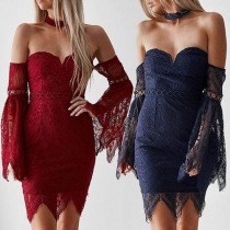 Sexy Off-shoulder Trumpet Sleeve Slim Fit Lace Dress