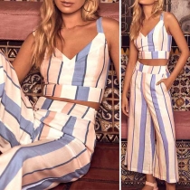 Sexy Deep V-neck Sleeveless Vertical Stripe Hollow Out Chop Hemline Top + Loose Pants Two-piece Set