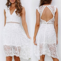 Sexy Backless V-neck Sleeveless High Waist Lace Dress