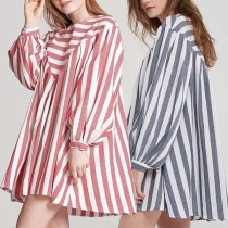 Fashion Lantern Sleeve Round Neck Loose Striped Dress