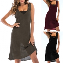 Fashion Solid Color Sleeveless V-neck Knit Dress