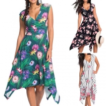 Fashion Sleeveless V-neck Irregular Hem Printed Dress