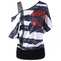 Sexy Oblique Shoulder Rose Printed Short Sleeve T-shirt