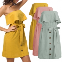 Sexy Ruffle Strapless Solid Color Single-breasted Dress