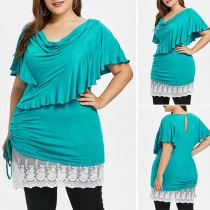 Fashion Lotus Sleeve Lace Spliced Hem Cowl Neck T-shirt 