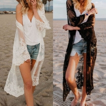 Fashion Long Sleeve Embroidery See-through Gauze Cardigan 