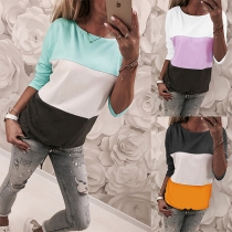 Fashion Contrast Color Long Sleeve Round Neck T-shirt