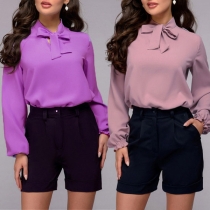 OL Style Long Sleeve Lace-up Stand Collar Solid Color Blouse