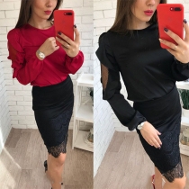 Fashion Solid Color Gauze Spliced Long Sleeve Round Neck Top