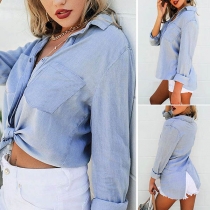 Fashion Long Sleeve POLO Collar Slit Hem Denim Shirt