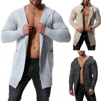 Stickad herrcardigan med huva och långa ärmar enfärgad