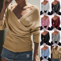 Sexig enfärgad off-shoulder båthals långärmad tröja