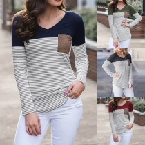 Fashion Contrast Color Long Sleeve V-neck Striped T-shirt