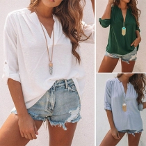 Fashion Solid Color Long Sleeve V-neck Slit Hem Top