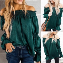 Sexy Off-shoulder Boat Neck Trumpet Sleeve Solid Color Top