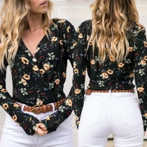 Sexy V-neck Long Sleeve Slim Fit Printed T-shirt