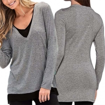 Fashion Contrast Color Long Sleeve V-neck Mock Two-piece T-shirt