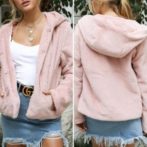 Fashion Solid Color Long Sleeve Hooded Plush Coat 