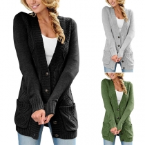 Fashion Solid Color Long Sleeve V-neck Knit Cardigan