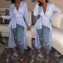 Sexy Deep V-neck Long Sleeve High-low Hem Striped Top