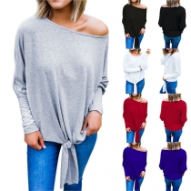 Sexy Oblique Shoulder Long Sleeve Knotted Hem Solid Color T-shirt