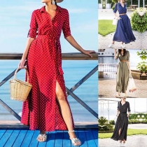 Fashion Long Sleeve POLO Collar Slit Hem Dots Printed Dress