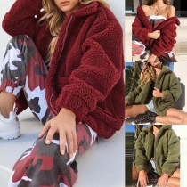 Fashion Solid Color Long Sleeve POLO Collar Faux Cashmere Coat 