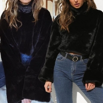 Fashion Solid Color Long Sleeve Stand Collar Plush Top