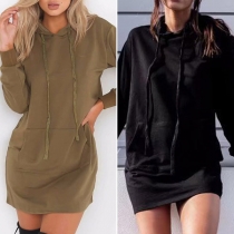 Fashion Solid Color Long Sleeve Hooded Sweatshirt Dress