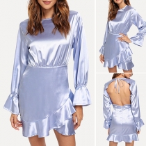 Sexy Backless Long Sleeve Round Neck Ruffle Hem Solid Color Dress