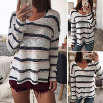 Fashion Long Sleeve V-neck Striped Knit Top