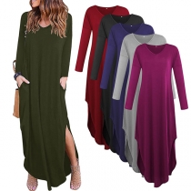 Sexy V-neck Slit Hem Long Sleeve Solid Color Maxi Dress