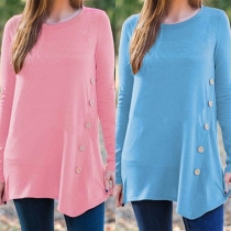 Fashion Long Sleeve Round Neck Irregular Hem Side-button T-shirt