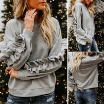 Fashion Solid Color Ruffle Long Sleeve Round Neck Sweatshirt 