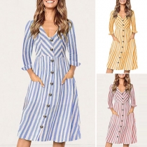 Fashion Long Sleeve V-neck Single-breasted Striped Dress