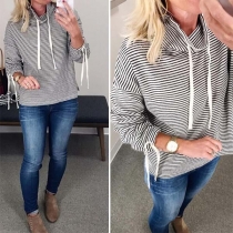 Fashion Long Sleeve Drawstring Turtleneck Striped Sweatshirt