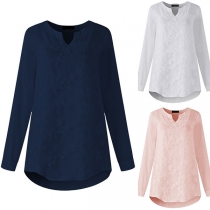 Fashion Solid Color Long Sleeve V-neck Embroidered Blouse 