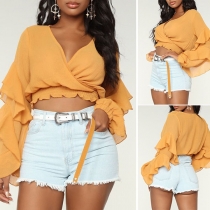 Sexy Deep V-neck Ruffle Long Sleeve Crop Top