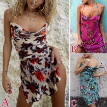 Sexy Backless Slit Hem Slim Fit Printed Sling Dress
