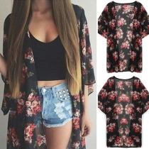 Fashion Half Sleeve Printed Chiffon Cardigan