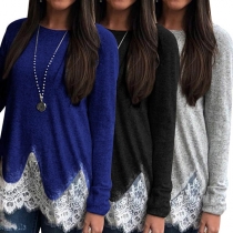 Fashion Long Sleeve Round Neck Lace Spliced Hem T-shirt